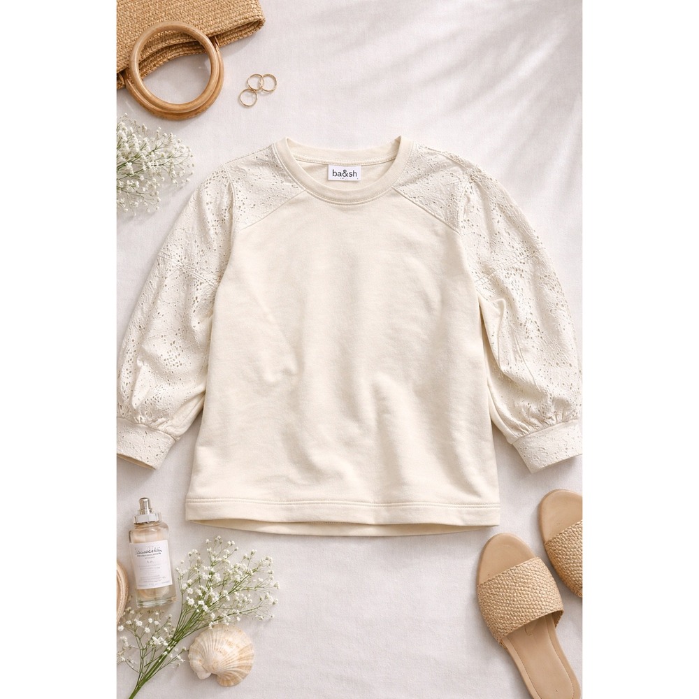 ba&sh Lucas Sweatshirt 2 Ecru Eyelet Embroidered Puff Sleeve Organic Cotton NWT